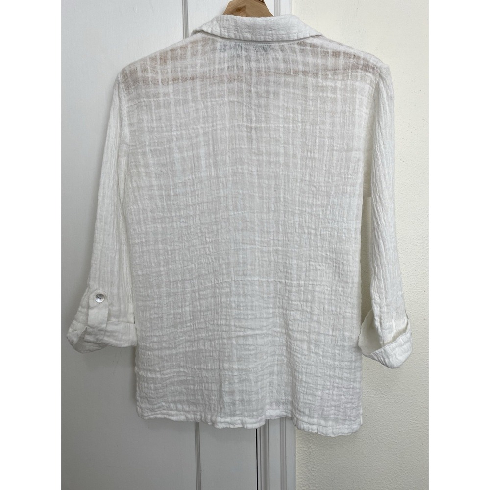 Harve Benard Women's S White 100% Gauzy Linen Roll Tab Sleeve Button Up Shirt - Picture 5 of 7